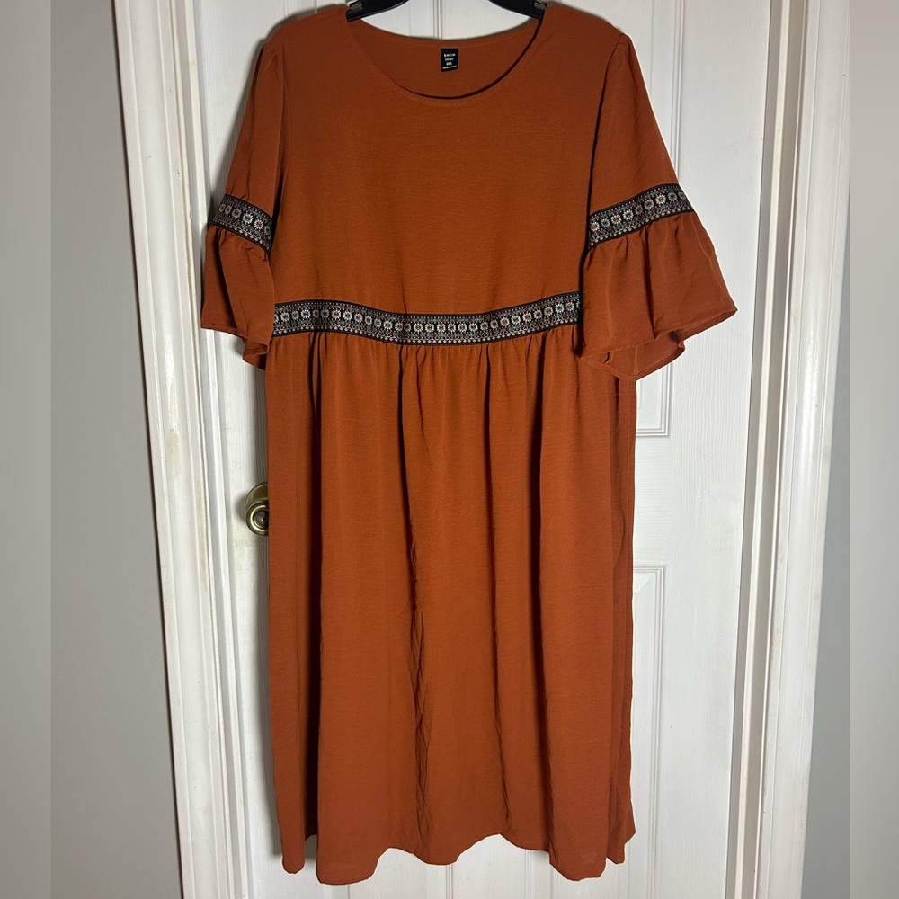 Shein Curve 0XL Orange Rust Dress High Waist Flare Western